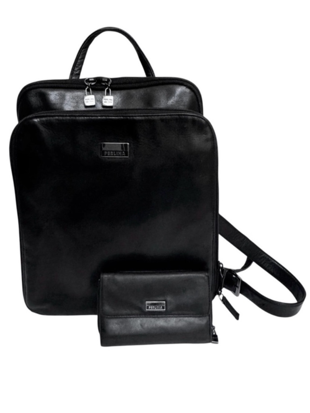 Perlina Black Leather Backpack Purse & Wallet